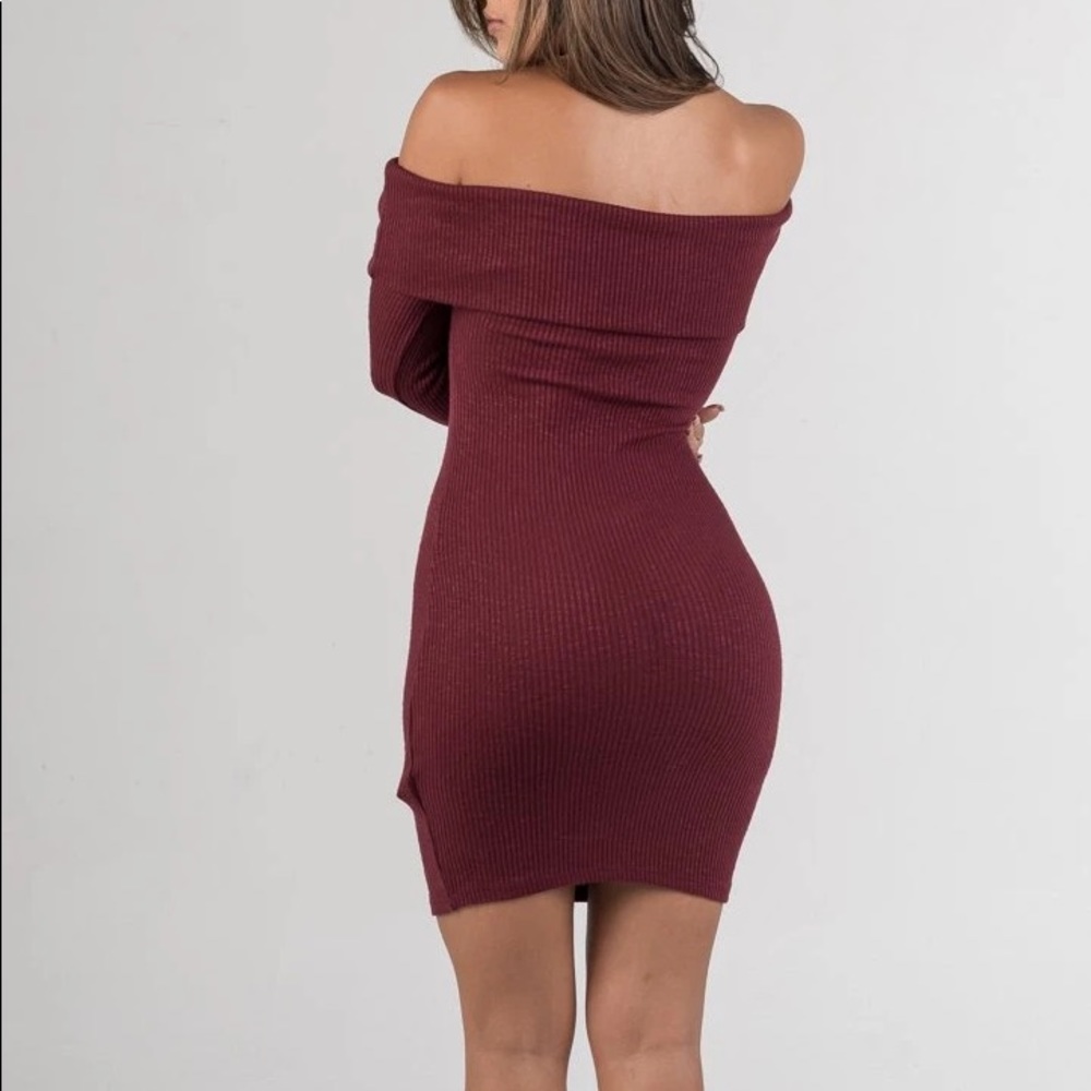 Burgundy Knitted Off Shoulder Dress